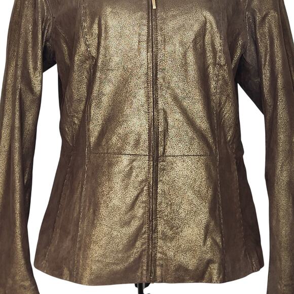 Coldwater Creek Brown Gold Shimmer Suede Leather Zip Up Western Jacket Size Med - Picture 4 of 12